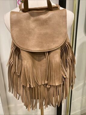 Fringed Faux-Leather Backpack in Tan
